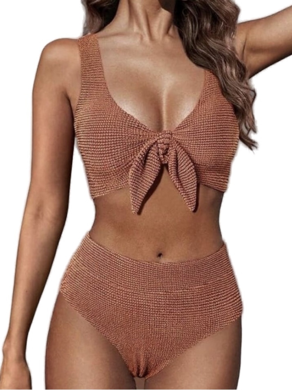 Hanna Nikole Women 2 Piece Swimsuit Size L Rust Tie Front High Waist Bikini NWT